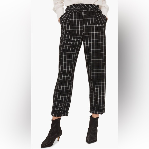 Topshop Windowpane Ruffle Mensy Peg Leg Trousers Black - Picture 1 of 11